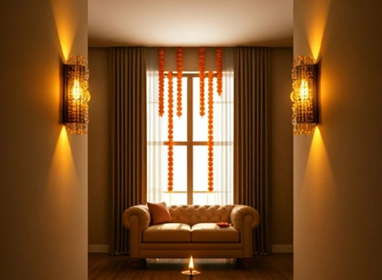 50. Decorative Sconces "Serene Diwali lighting images of diyas and candles glowing alongside fairy lights in a peaceful, festive room."