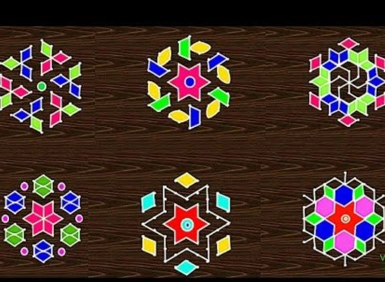 51.Dot Rangoli Dot rangoli with intricate patterns created from colorful dots, showcasing artistic designs that add charm to festive decor.