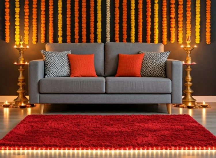 52. Decorative Diwali RUGS "Diwali lighting images showing radiant diyas and LED lights creating a warm, inviting atmosphere for the festival."