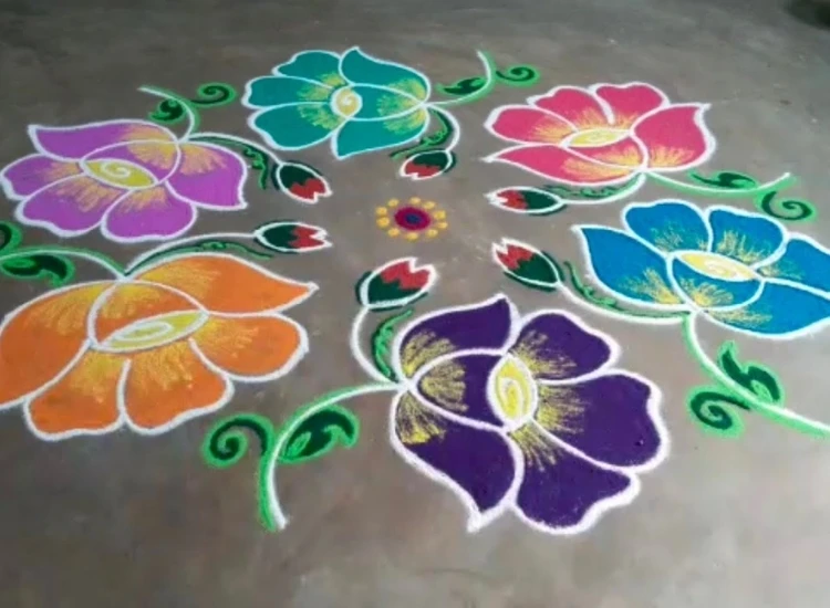 52.Dot Ragoli Dot rangoli featuring vibrant colors and elaborate patterns made from carefully placed dots, enhancing festive celebrations beautifully.
