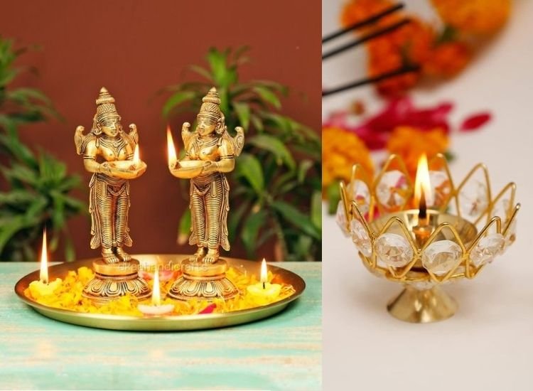 "Diwali lighting images of diyas glowing brightly in a beautifully adorned pooja room filled with flowers and festive décor."