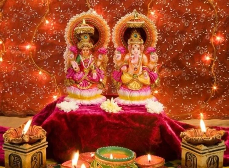 54. Pooja Room Lighing "Serene Diwali lighting images showcasing flickering oil lamps and candles illuminating a peaceful pooja room altar."