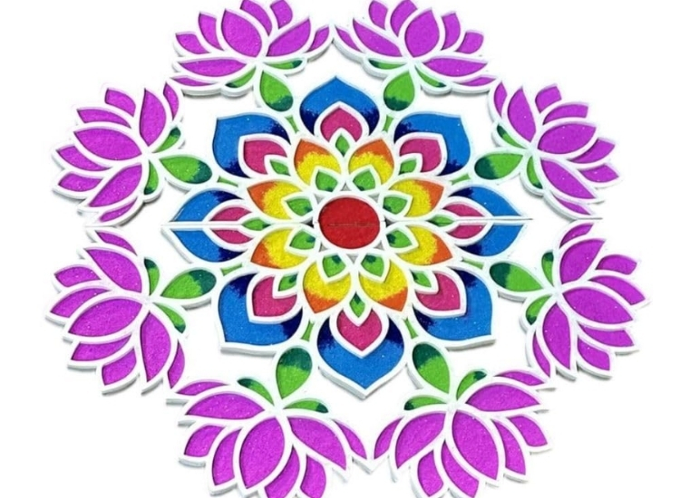 Stencil rangoli design showcasing intricate patterns and motifs, easy to create with bright colors, perfect for festive decor.