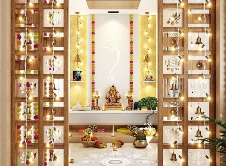 55. Diwali Pooja Room Decoration "Traditional Diwali lighting images of diyas and lanterns lighting up a pooja room decorated with marigold garlands and rangoli."