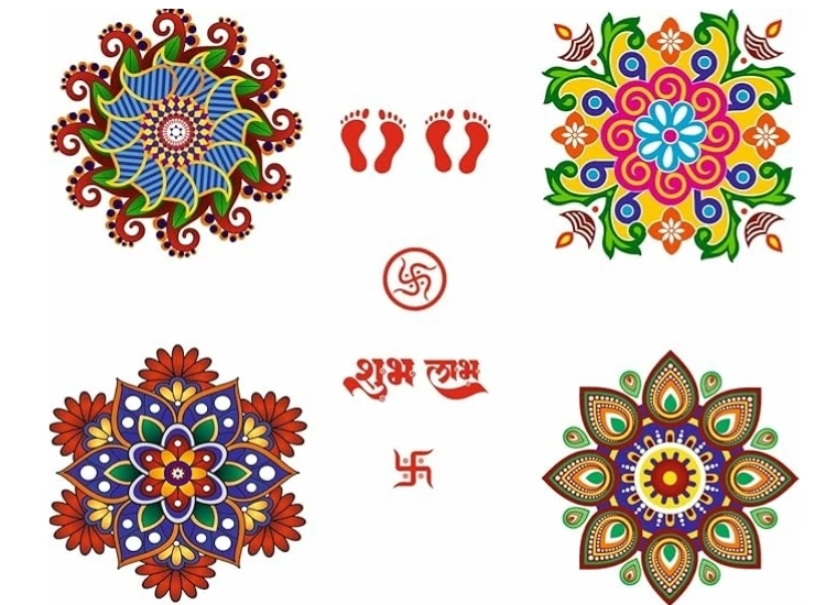 55.Rangoli Stickers Rangoli sticker featuring vibrant, intricate designs for easy application, adding a colorful touch to festive decorations.