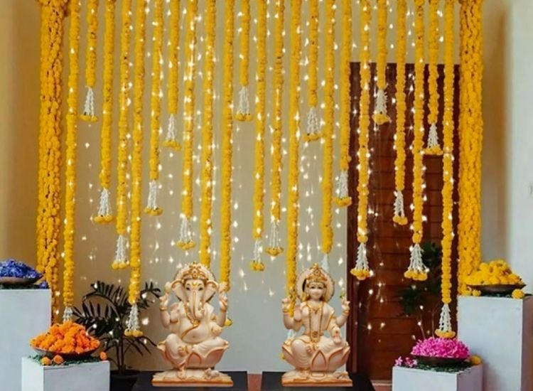 "Elegant Diwali lighting images featuring oil lamps glowing in a decorated pooja room, enhancing the festive ambiance."