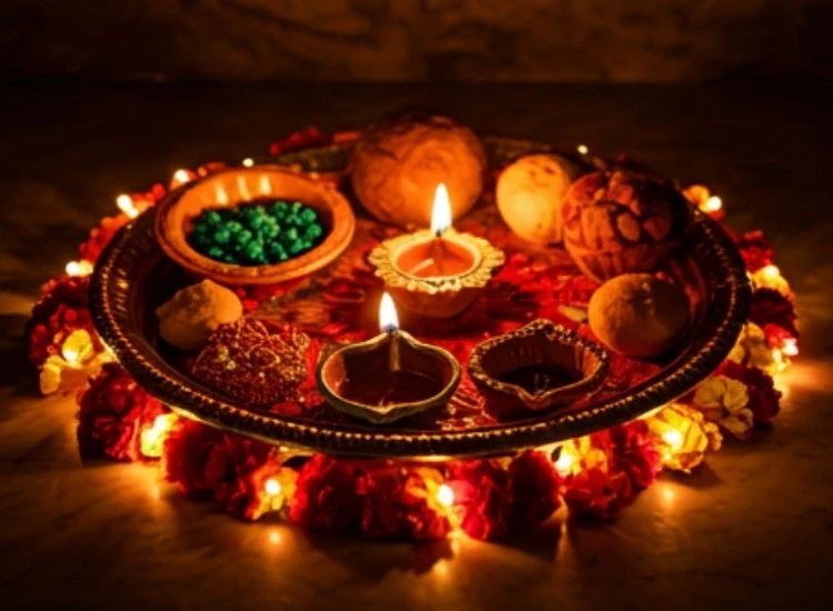 57. Pooja Thali For diwali "Captivating Diwali lighting images of diyas and fairy lights brightening a pooja room filled with spiritual décor and flowers."