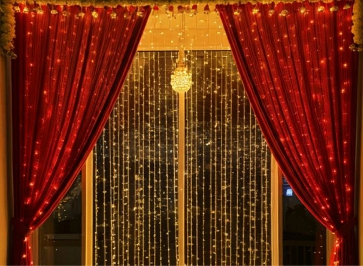 58. Window Decoration "Diwali lighting images of fairy lights draped around a window, casting a warm festive glow in a beautifully decorated home."