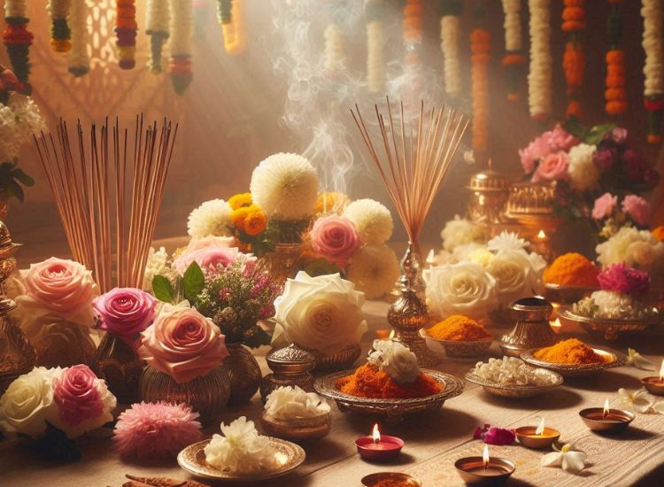 Different flowers like marigold, rose and jasmine arrangement for diwali festive vibes complemented by incense sticks