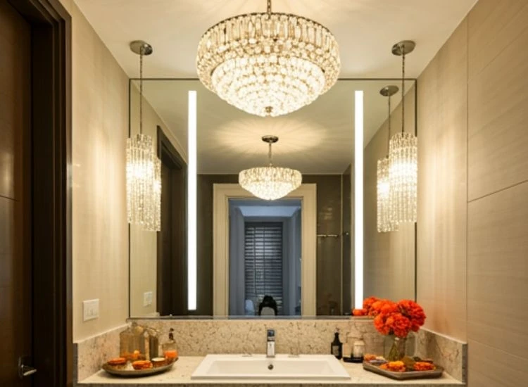 61. Chandeliar Design "Diwali lighting images of soft fairy lights illuminating a bathroom mirror, creating a warm and festive ambiance."