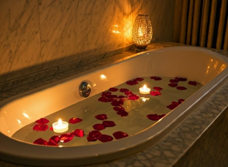 "Vibrant Diwali lighting images with glowing candles and fairy lights adding a cozy, festive touch to a modern bathroom."