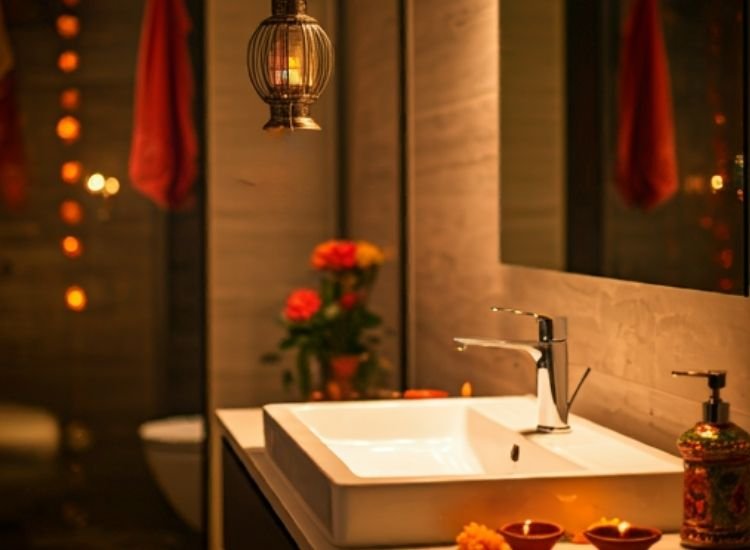 "Captivating Diwali lighting images featuring warm LED lights and diyas subtly decorating a beautifully styled bathroom."