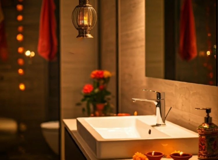 63. Bathroom Decoration "Captivating Diwali lighting images featuring warm LED lights and diyas subtly decorating a beautifully styled bathroom."