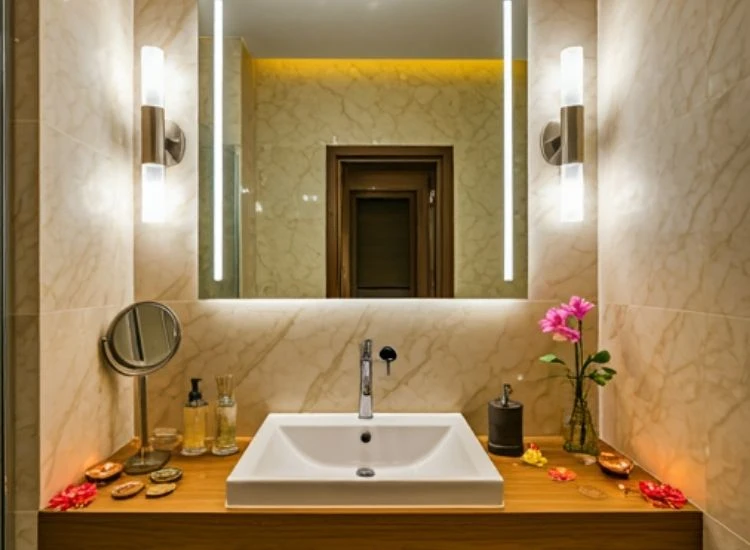 64. Diwali Bathroom Decor "Serene Diwali lighting images of dim lighting and candles casting a relaxing, festive glow in a well-decorated bathroom."