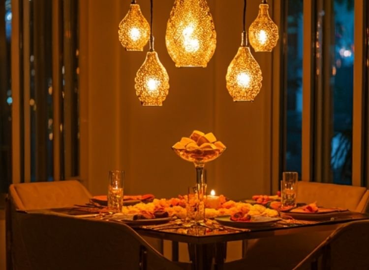 Vibrant Diwali images with diyas, candles, and fairy lights casting a magical glow over marigold garlands.