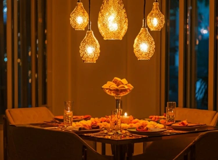 66 Vibrant Diwali images with diyas, candles, and fairy lights casting a magical glow over marigold garlands.