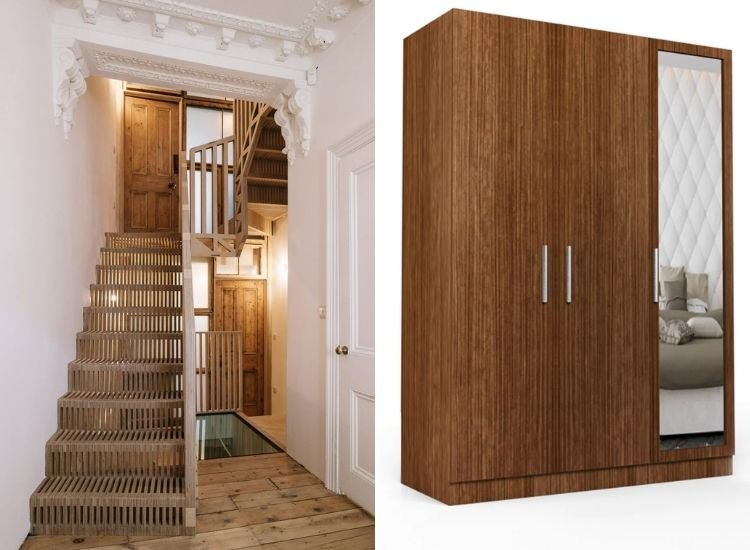 A BWR Plywood Staircase in a house with wooden floors and white walls