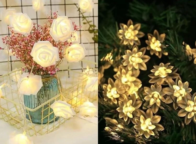 8. Flower lighting Captivating Diwali lighting images of diyas and fairy lights brightening a pooja room filled with spiritual décor and flowers."