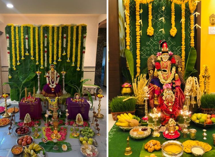 Puja room adorned with floral patterns, lit diyas, fresh banana leaves, and colorful fruit offerings for a festive atmosphere.