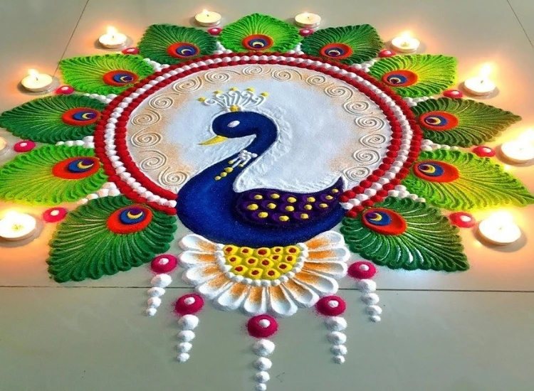 8. Peacock Rangoli Vibrant peacock rangoli design adorned with colorful powders, celebrating the spirit of Diwali.
