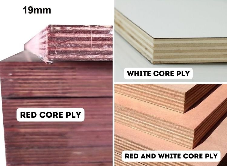 Various types of Commercial plywood: white core, red core, and red and white core ply