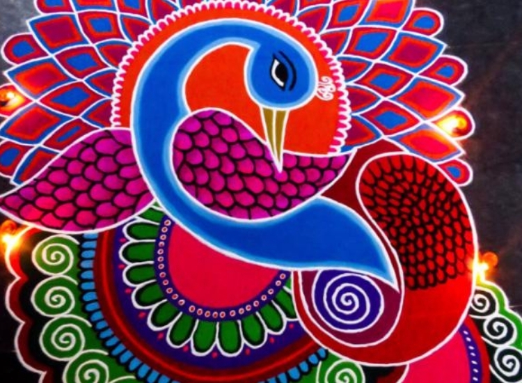 Stunning rangoli design of a peacock, featuring vibrant colors and intricate patterns that celebrate beauty and grace.