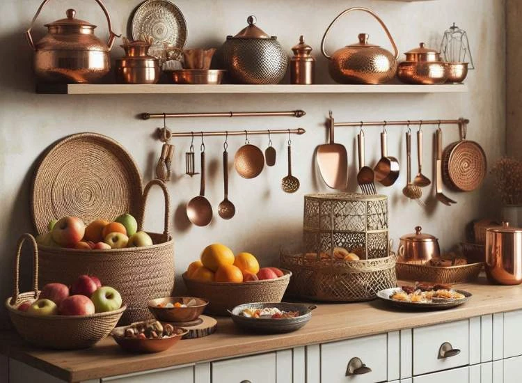Copper and Brass Utensils in Kitchen Kitchen space decorated with brass and copper utensils, complemented by decorative fruit baskets for diwali decoration