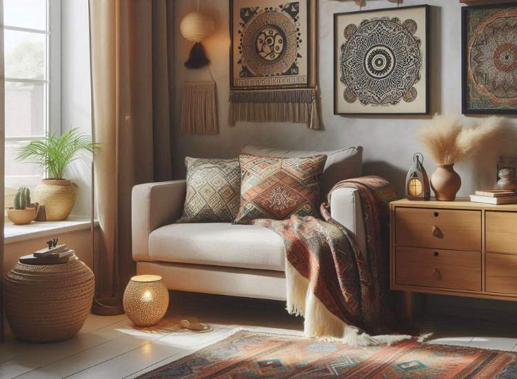 A cozy nook featuring a modern chair, colorful wall art, a bright window, and a festive rug, perfect for relaxation.