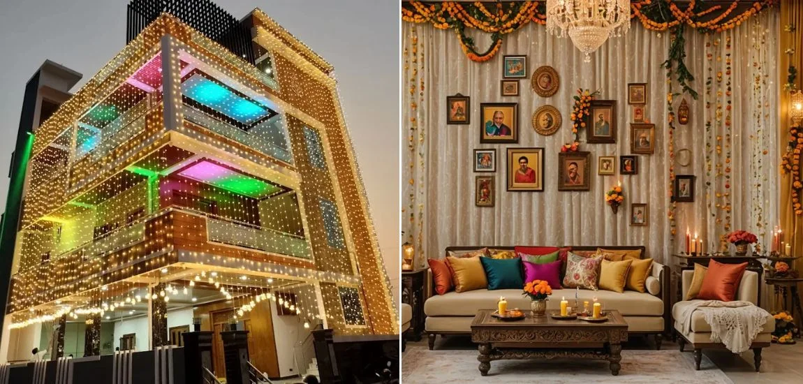 Diwali Decoration Ideas Diwali decoration Ideas for home exterior and interior beautifully with lighting and floral garlands, perfect for a festive vibe.