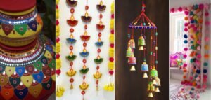 Diwali Decoration Ideas for home: pots, wall hangings, and wind chimes to enhance the festive atmosphere.