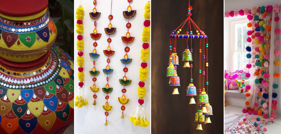 Diwali Decoration Ideas for home: pots, wall hangings, and wind chimes to enhance the festive atmosphere.