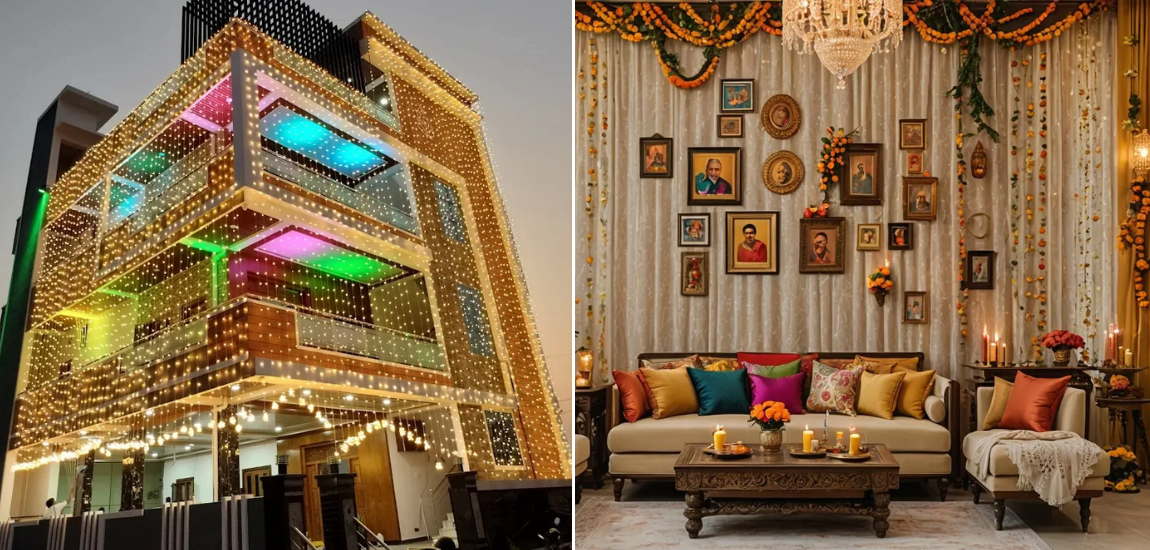 Diwali decoration of a home exterior and interior beautifully with lighting and floral garlands, perfect for a festive vibe.