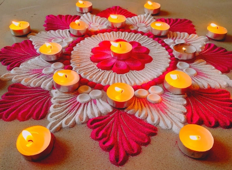 Intricate diya rangoli showcasing a blend of colors and lights, symbolizing warmth and joy during Diwali