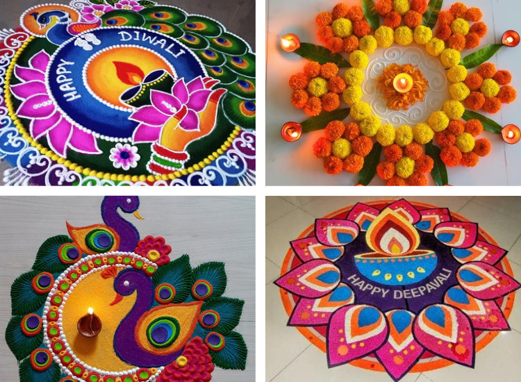 Colourful Diwali rangoli designs featuring a peacock, vibrant flowers, and intricate patterns celebrating the festival of lights.