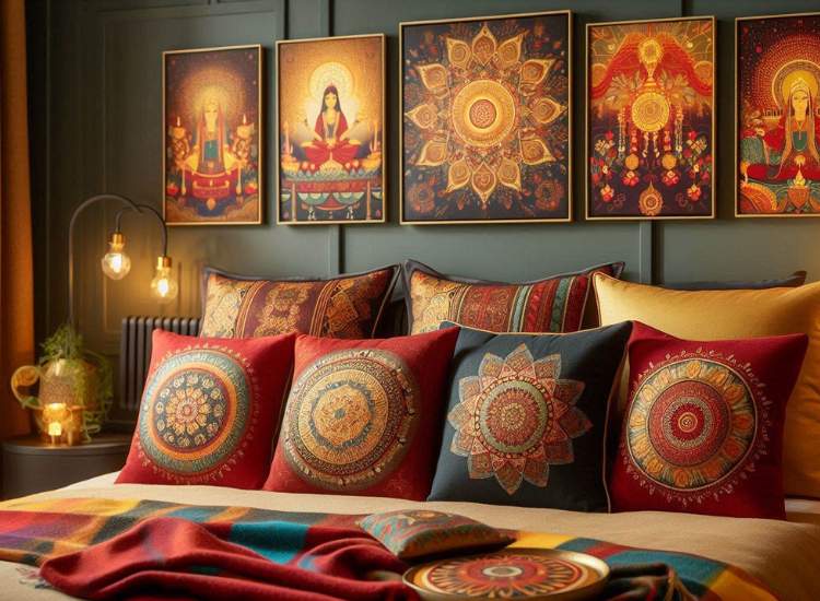 Decorative Cushions and festive wall arts elegantly placed on bed and walls with a rich throw draped over the bed