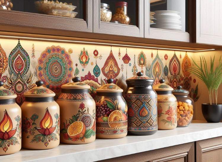 Diwali home decoration ideas for kitchen with festive themed jars and decals on backsplash in the kitchen