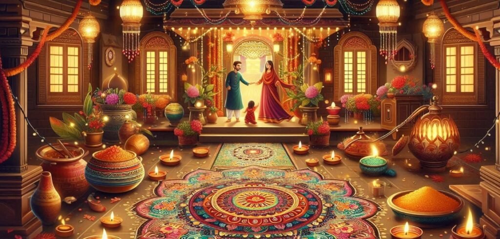 Rangoli design for Diwali, featuring intricate patterns and vibrant hues that celebrate the festive spirit .