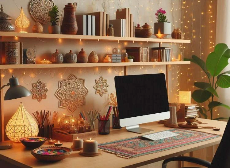 Home Office Diwali Decoration A cosy and warm home office decorated for diwali with lighting, candles and decorative elements