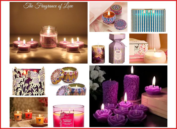 10 designer scented candles and reed diffusers, showcasing unique styles and vibrant colours, creating a cozy ambiance.