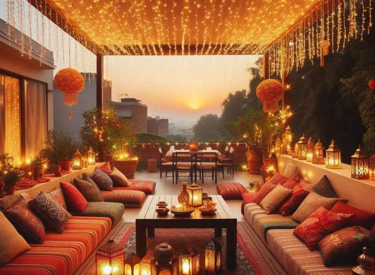 Terrace decoration for diwali A beautiful terrace adorned with abundant fairy lights, two lanterns, and a cozy sofa with cushions, creating a warm atmosphere at sunset.