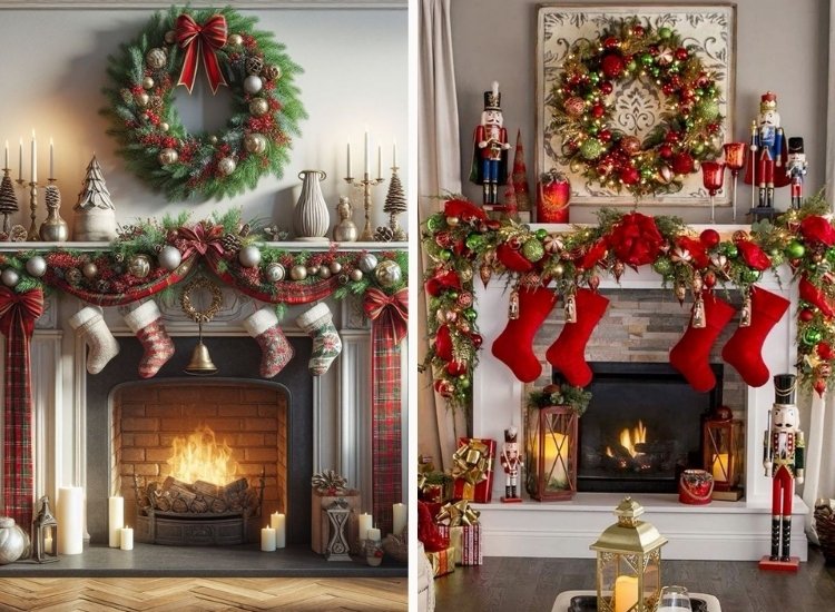 "Christmas mantel decorated with garlands and stockings, creating a festive vibe. christmas tree png in the background."