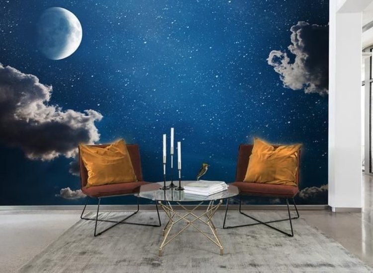 wallpaper featuring starry night sky, moon, and cloud murals