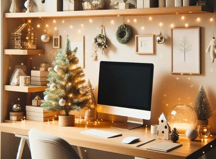 "Festive home office decor ideas to add holiday cheer. Christmas tree drawing image included."