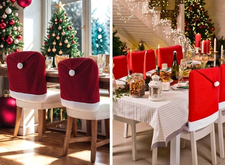 "Red or green chair covers enhance the holiday atmosphere. christmas tree drawing image creates a festive backdrop."