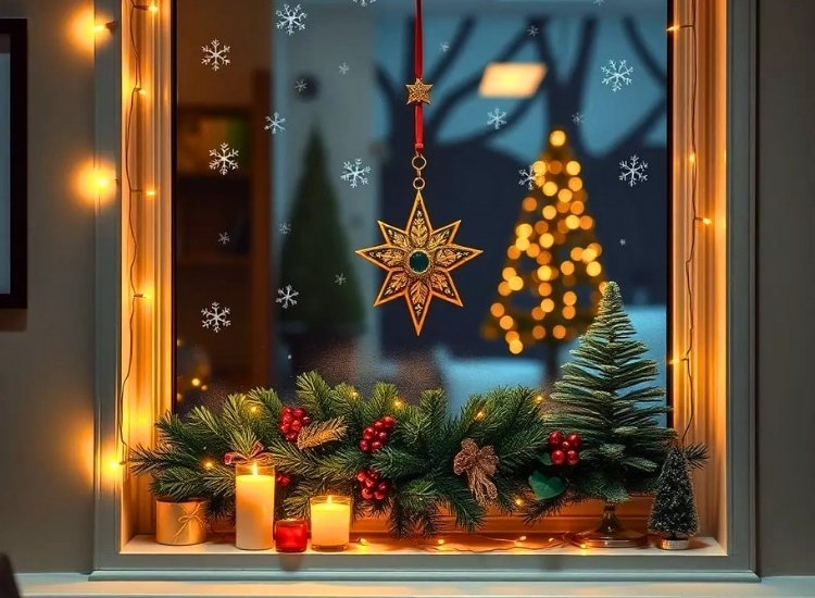 "Christmas window decor for a cozy office with string lights, snowflake decals, and small festive ornaments."