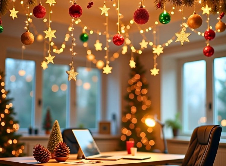 "Add Christmas charm with ceiling decorations featuring hanging ornaments, twinkling lights, and festive garlands."