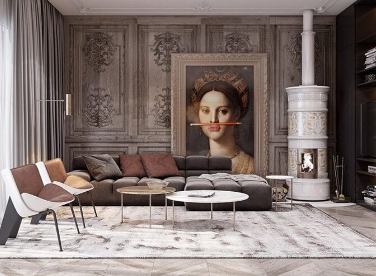 Neoclassical-inspired wallpaper design for living room