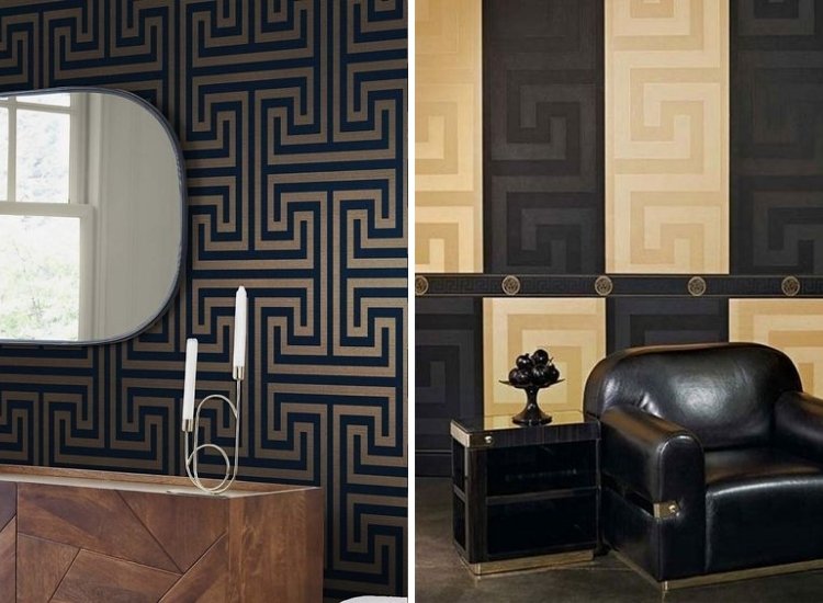 geometric Greek key patterned wallpaper for living room