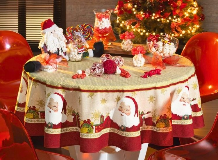 "Table runner with holiday prints adds festive charm to the table. christmas tree drawing image enhances the décor."