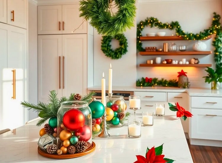 "Clear jars filled with colorful ornaments brighten the room. christmas tree png adds a festive touch nearby."